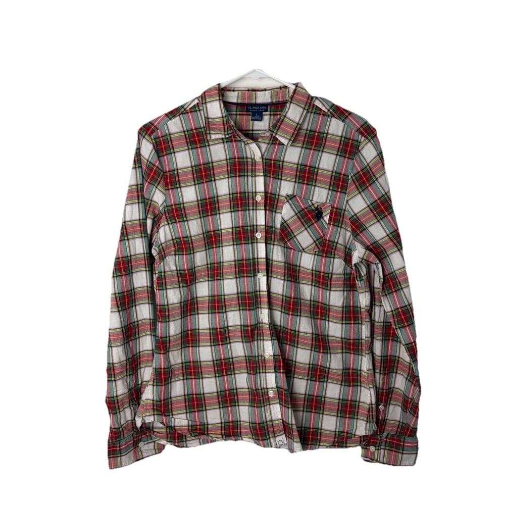 US POLO ASSN Womens Size Large Long Sleeve Button-Up Plaid Shirt Top Cotton